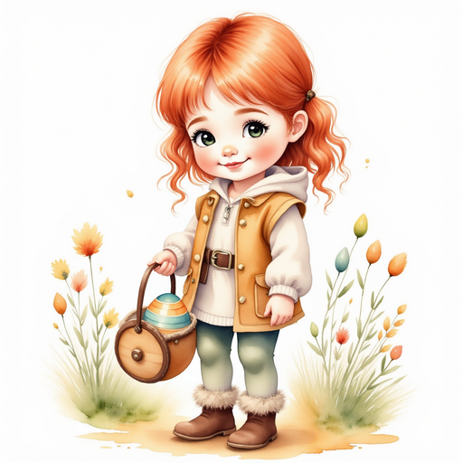 Bolda smiling as she puts the rainbow-striped egg into her basket. In the background tiny growing flowers