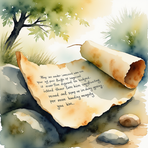 Show an ancient, curled leaf with cryptic writing spread out on a large stone. In the background, faint shapes of ancient trees loom.