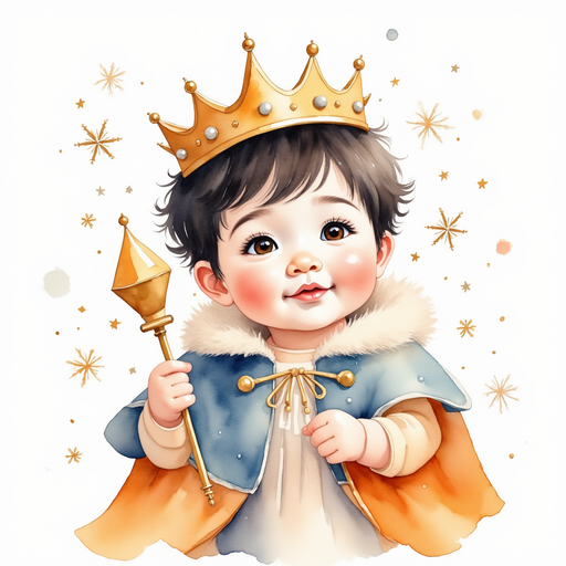 King Doodle Bum holds a sparkling scepter while gazing upward. In the background, swirling snowflakes