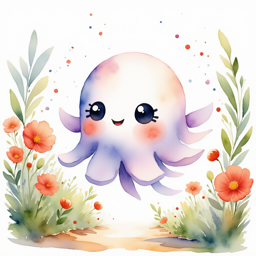 Glimmer Puff floats near a raised garden bed, inspecting tomatoes. In the background, rows of colorful flowers line a stone path