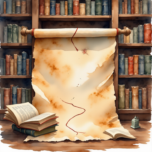Reveal a worn, parchment map with a winding red path marked across it. In the background a large bookcase filled with ancient tomes