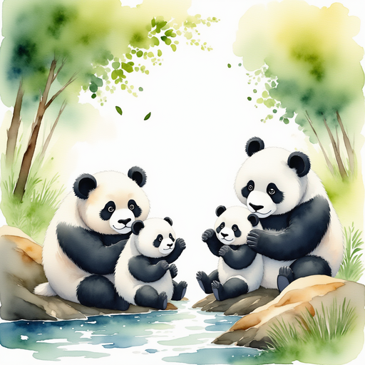 The Panda family holds paws under bright green leaves. In the background, a calm stream winds through smooth rocks.
