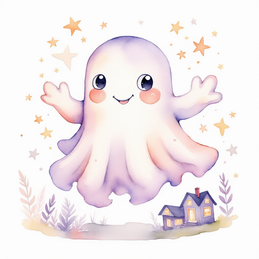 Glimmer Puff floats in excitement, sparks dancing around her hands. In the background, a lantern glows on a tiny porch