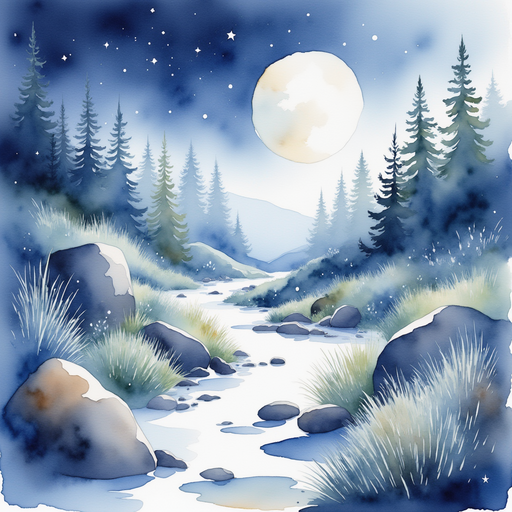 Smooth, polished stones that gleam softly In the background, the winding trail and misty moonlight