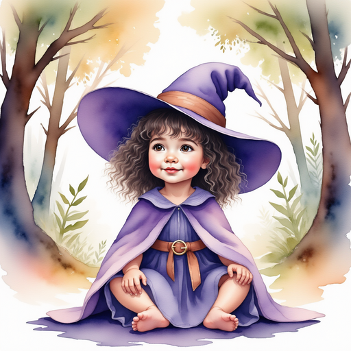 Show Willow Charms wearing a tall, pointed hat, gazing up at the rustling branches. In the background, ancient trees with softly glowing leaves.