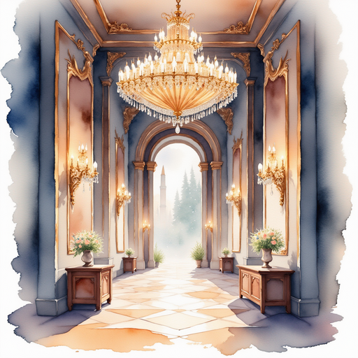 The glittering chandelier hangs overhead with glowing crystals. In the background, ornate palace corridors lined with polished floors