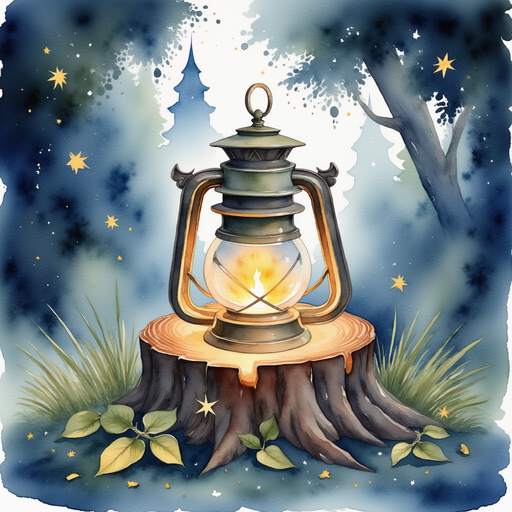 A mysterious lantern glowing from within a hollow stump In the background, a swirl of drifting leaves