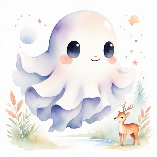 Glimmer Puff hovers near a curious young deer. In the background water sparkles along a winding stream