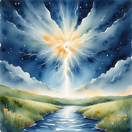 A streak of crackling lightning splitting the sky above a shimmering water container. In the background, storm clouds rolling across the meadow.