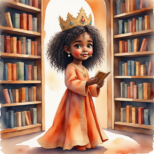 Queen Neena stands by a grand bookshelf, taking a book from a shelf. In the background stand rows of tall books.
