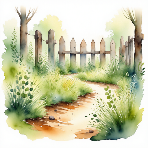 Illustrate a vibrant garden starting to come back to life, with various plants sprouting. In the background, an old wooden fence.
