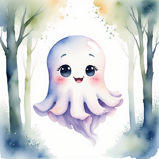Show Glimmer Puff floating through tall, shimmering trees, smiling with excitement. In the background, the morning light filters through glittering tree branches.