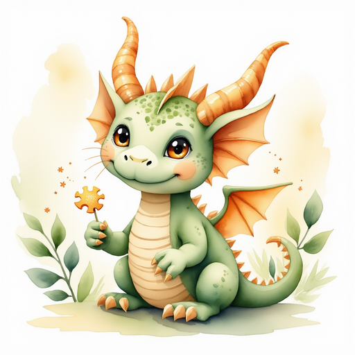 Show Ember Flare holding a glittery puzzle piece in her tiny claws. In the background, a soft glow shimmers through wide leaves.
