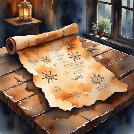Display the tattered treasure map lying on a wooden table, revealing cryptic markings. In the background, the worn grain of the tabletop glows in lantern light.