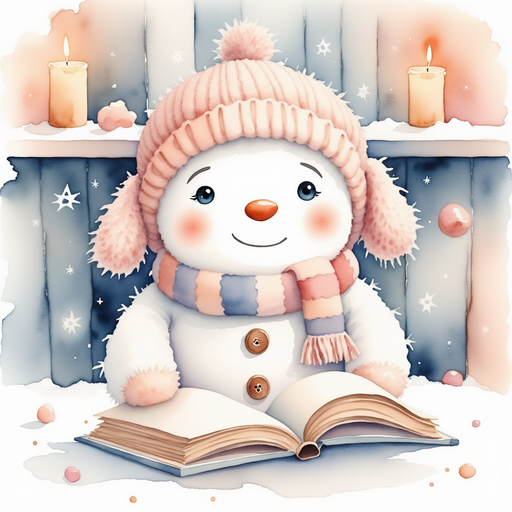 Frostyline Fable resting a mitten-like hand on a storybook. In the background, soft candlelight glowing over sturdy shelves.