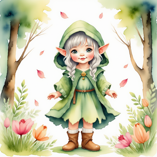 Flicker Sparkleaf stands among glimmering petals. In the background, tall, twisting trees.