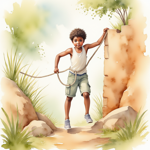 Michael climbing over the wall with the help of a rope, looking determined.