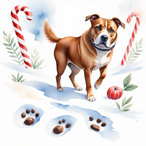 Choco’s deep footprints pressed into the chocolate snow. In the background, tall candy cane poles