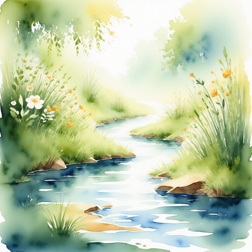 A wide, glistening puddle forming on the grass. In the background are more raindrops and flower buds