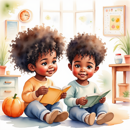 The two friends animatedly discussing their own book ideas, a notebook filled with doodles and story outlines open between them. In the background, a blackboard with colorful drawings and story ideas sketched out.