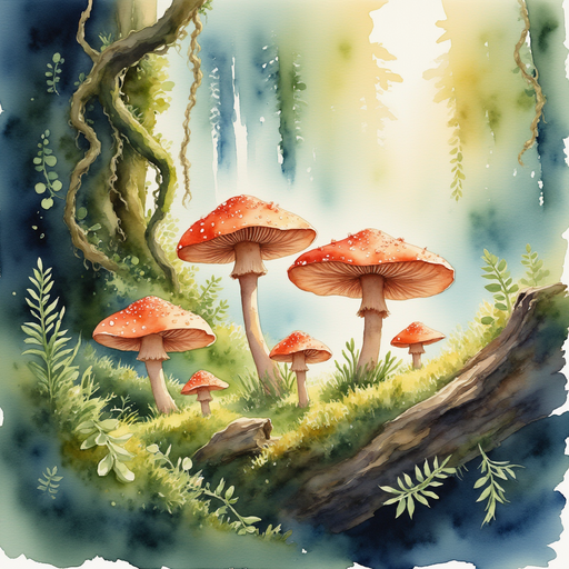 A cluster of shimmering mushrooms glowing softly. In the background, creeping vines knot around a mossy log.