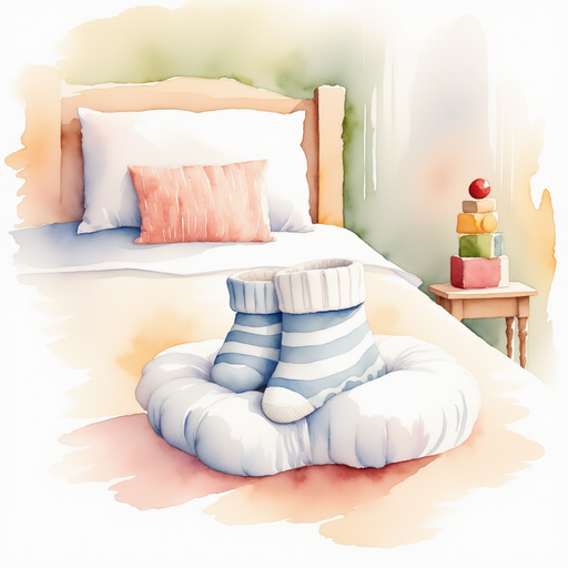 A single striped sock sits on the bed without its match. In the background: A colorful toy block tower stands near the bed.
