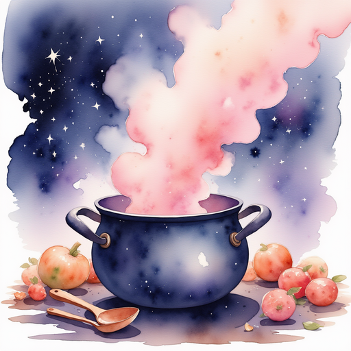 A large, swirling pot sits by a stack of wooden spoons, glowing with pink steam. In the background, floating sparkles