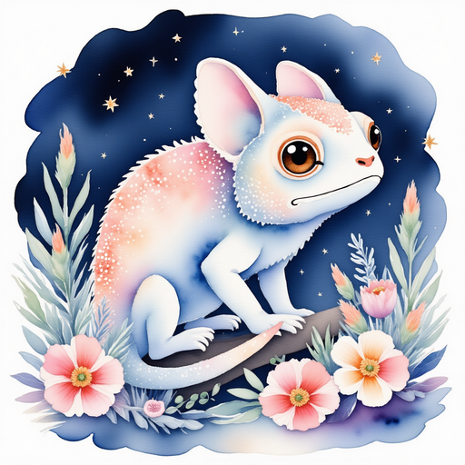 Illustrate Chaz the chameleon blending in with the vibrant flowers of the meadow. In the background, glimmering plants illuminating the night.