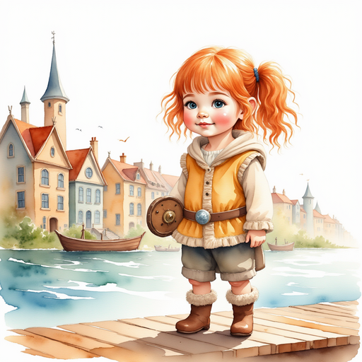 Bolda stands on a wooden pier, gazing at the sea with a silver compass in her hand. In the background stand rows of colorful houses.