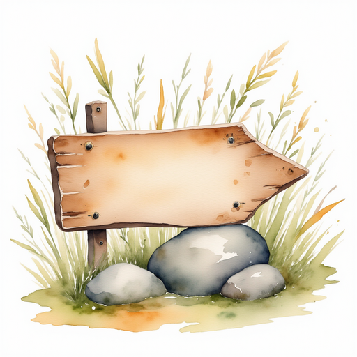 A wooden sign with glittery letters leans against a rock, showing a curving arrow. In the background, tall grass rustles in the breeze.