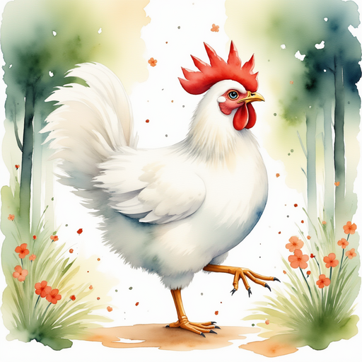 Cluckster hopping on one foot while singing In the background, the enchanted forest