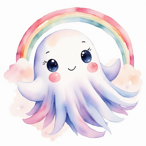 Glimmer Puff floating near a swirling rainbow arch. In the background, white clouds form soft mounds.
