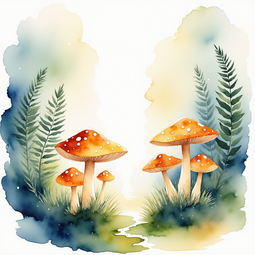 A ring of bright mushrooms glows with a faint light. In the background, tall ferns sway in the breeze.