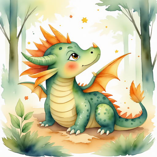 Ember Flare rests in his nest, gazing up at swirling potion-colored clouds overhead. In the background, tall trees bend in the strong wind