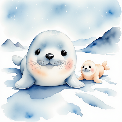 Snuggles, the seal, appears slightly stuck midway down a slippery, icy blue slope, looking hopeful for rescue. In the background, rolling icy hills and clear, blue skies create an expansive, open scene.
