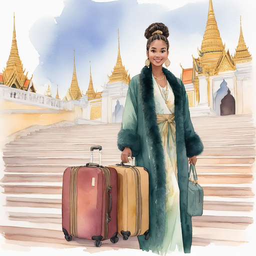 Ahgaddes wearing long tribal pinned bun is wearing royal fur coat with suitcase on the grand palace steps.