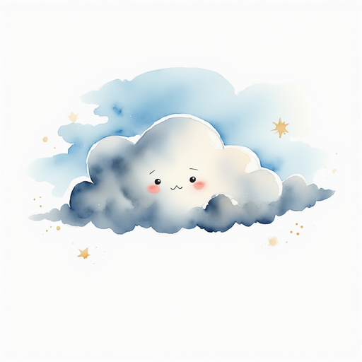 A gray, puffy cloud with a sad face floats low in the sky. In the background, soft clouds scatter across a blue sky.