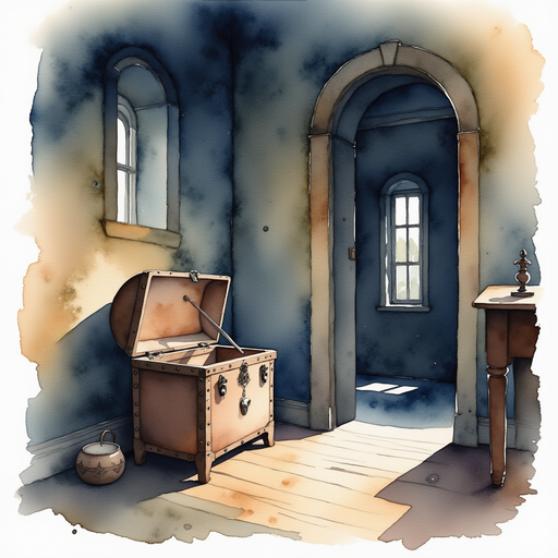 Illustrate the small, dusty chest tucked away in an unnoticed corner, mysterious and old. In the background, a quiet, dimly lit room adds an air of mystery.