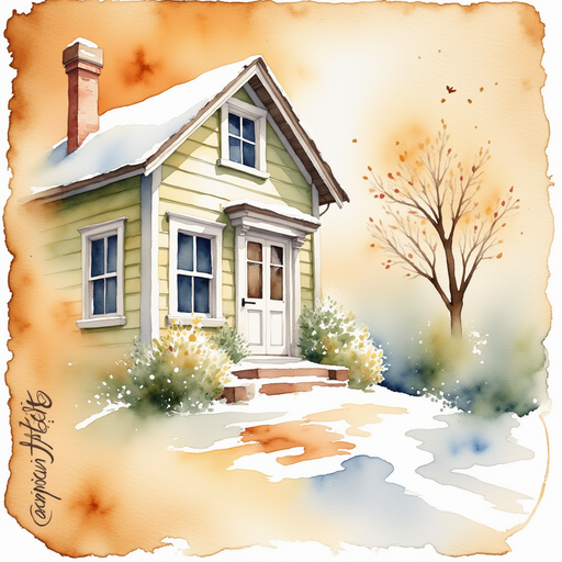 A worn, yellowed map with a tiny red X drawn on it In the background, a dusting of snow on the porch