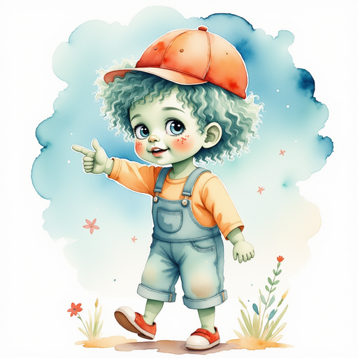 Zigzag Zander points cheerfully ahead. In the background, puffy clouds drift across a bright sky. In the background, puffy clouds drift across a bright sky.