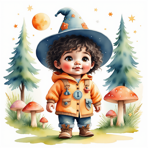 Zippy Zapata in a pointy hat, looking up at the towering trees. In the background are big mushrooms and a gentle moon.