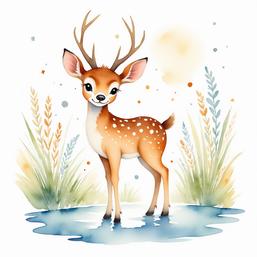 Harmony, the deer, surrounded by jubilant water sprites as they celebrate with gleeful dance. sparkling waterfall