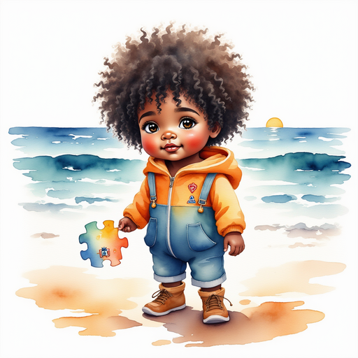 Zippy Zapata holding a colorful puzzle piece on the beach. In the background, gentle waves sparkle under the sun.