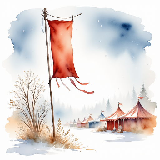 A tall, shimmering banner sways in the cold air. In the background, a line of festival tents