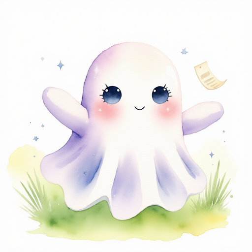 Glimmer Puff stretching a wispy arm toward a small paper clue on the ground. In the background green grass moving in the breeze