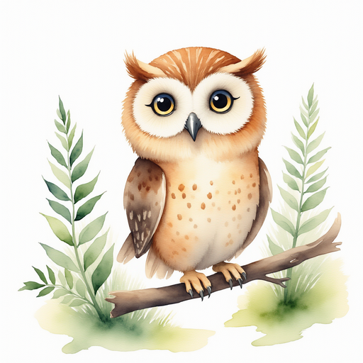 A giggling Owl perched on a low branch, bright eyes shining. In the background, tall ferns sway gently.