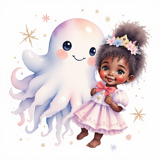 Show Princess Zoombella - who is black - is holding a bright red bow while Glimmer Puff smiles. In the background, soft snowflakes drift down