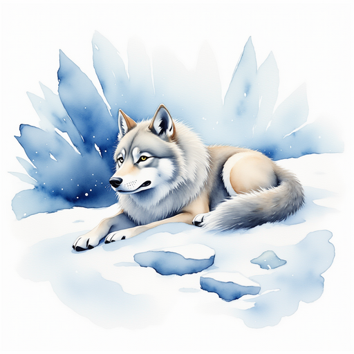 A magical wolf lies partly buried in snow, staring ahead. In the background, fallen chunks of ice