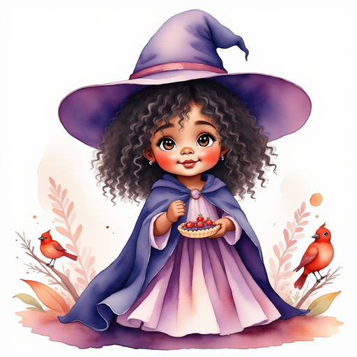Willow Charms - who is black - is holding a small berry pie slice. In the background, red birds perch on branches.
