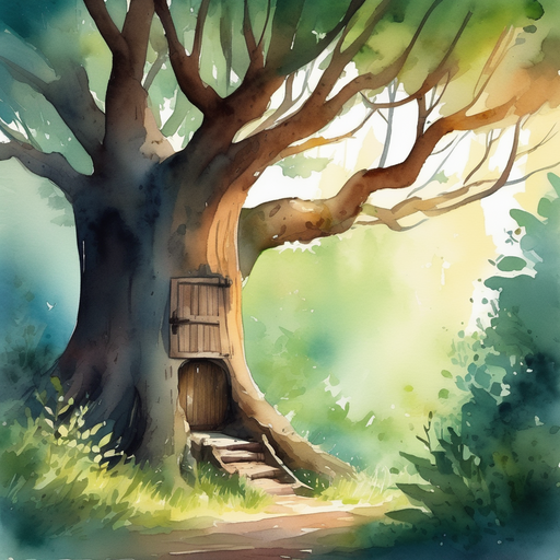 Massive, ancient tree with a hidden door in a dense forest.